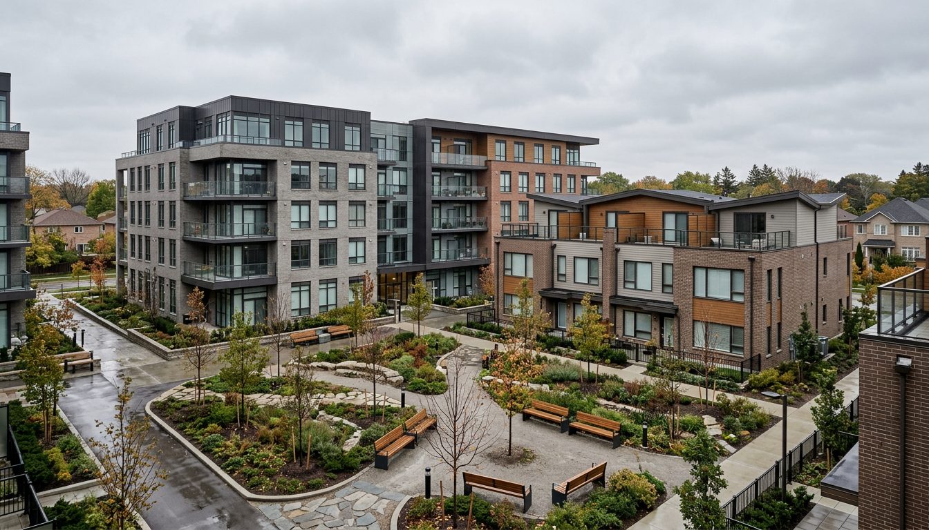 New mid-rise residential buildings and townhouses along a west Toronto avenue (illustrative)