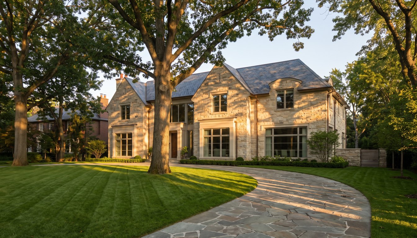 A stone Toronto luxury home at golden hour with long shadows across the lawn