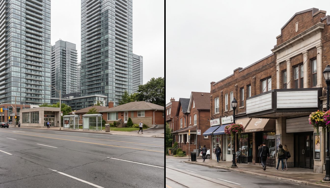 Condo towers on the Islington-Kipling corridor beside low-rise brick shopfronts on Bloor West Village's Bloor Street strip