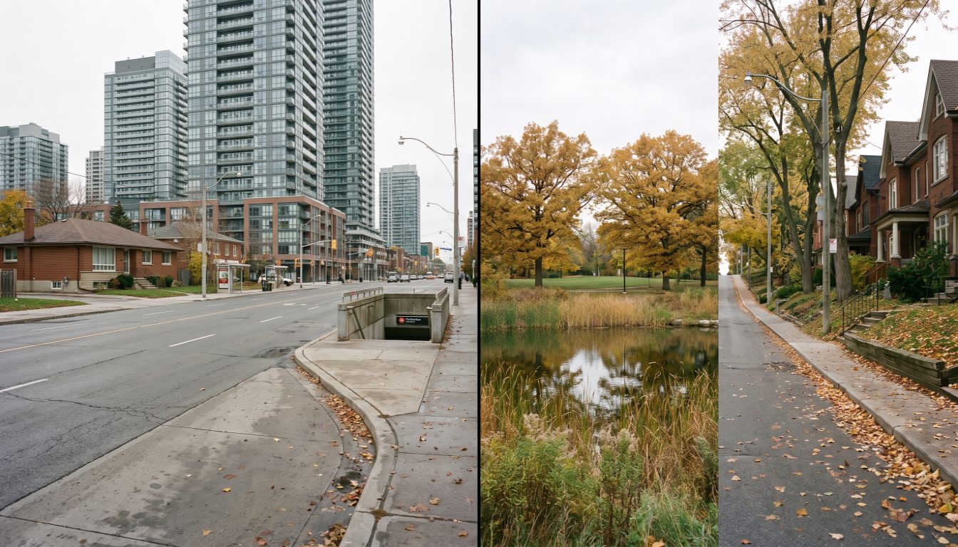 Recent condo towers near Islington station contrasted with early-1900s Swansea semis on a sloping street beside High Park