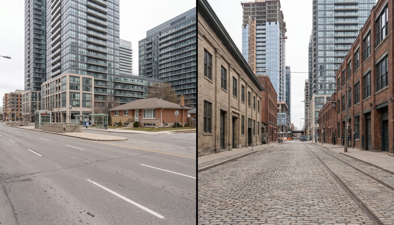 Condo towers at Kipling station in Islington-City Centre West beside glass towers and warehouse lofts on King Street West