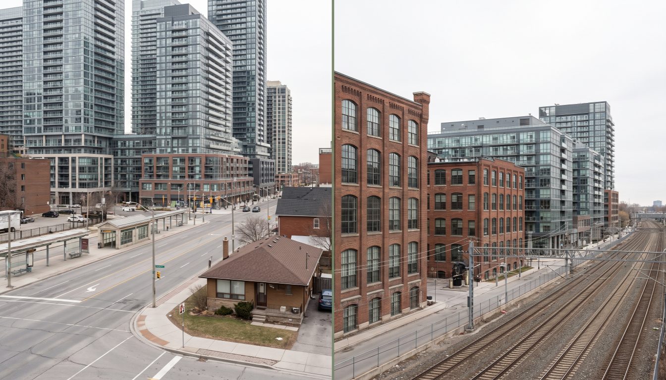 Condo towers on the Islington-Kipling corridor beside converted brick factory lofts and towers in Liberty Village