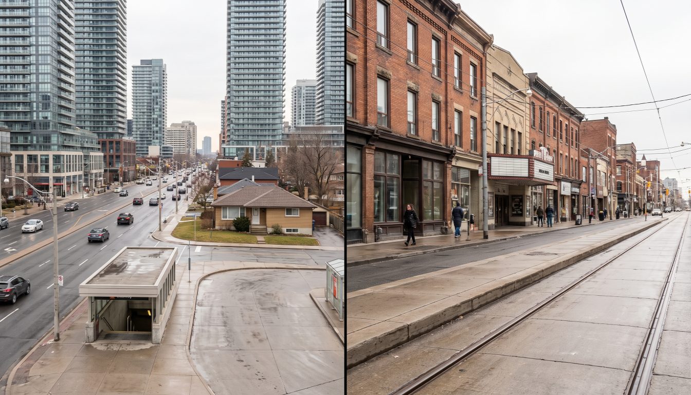 A Kipling station commuter car park in Islington-City Centre West beside a narrow Roncesvalles Avenue streetcar platform