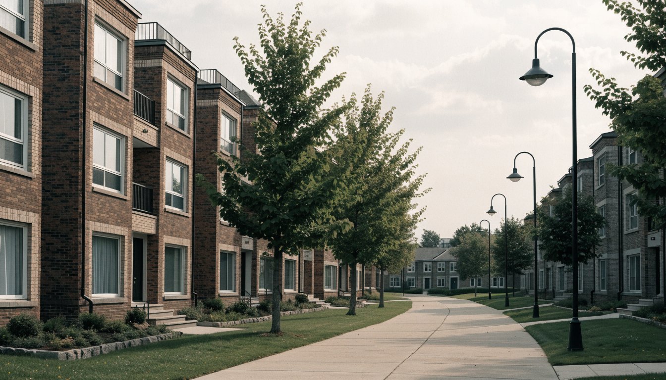 Late 1970s townhouse complex addressed off landscaped pedestrian walkways with lamp standards