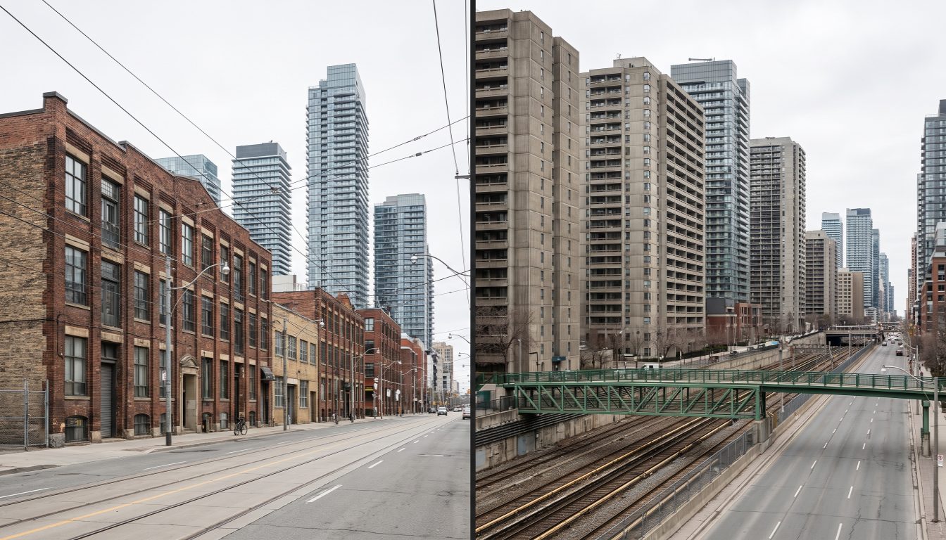 Condo towers along King Street West in downtown Toronto compared with the high-rise Yonge Street spine at Davisville