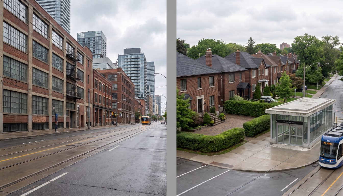 Condo towers on King Street West in Toronto contrasted with detached brick houses on a tree-lined Leaside street