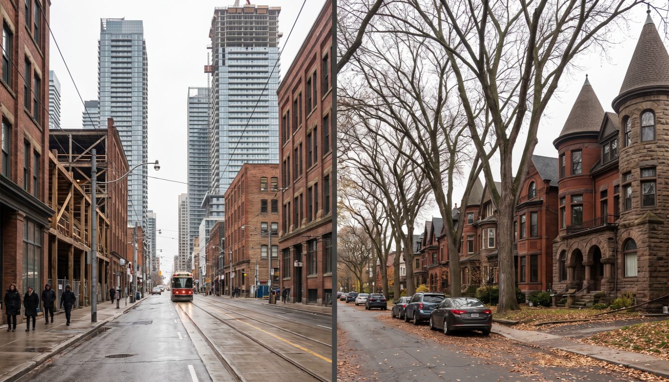 A converted Garment District warehouse loft on King Street West beside a red brick Annex style Victorian house in Toronto
