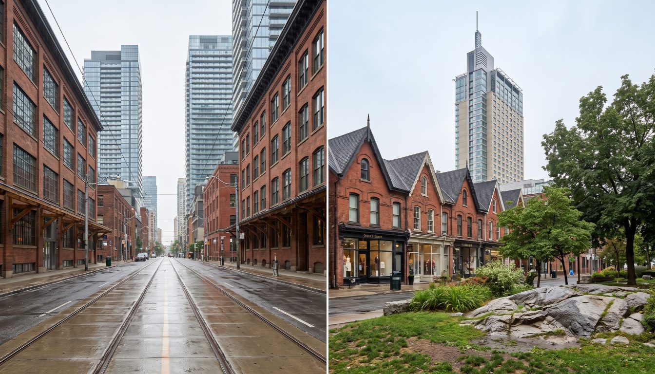 Glass condo towers on King Street West in Toronto beside the low brick shopfronts of Yorkville Avenue
