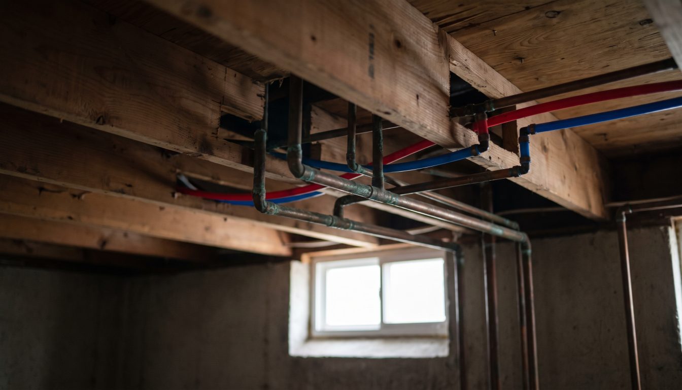 A basement utility area with exposed plumbing lines and fittings beside an Ontario agreement of purchase and sale schedule