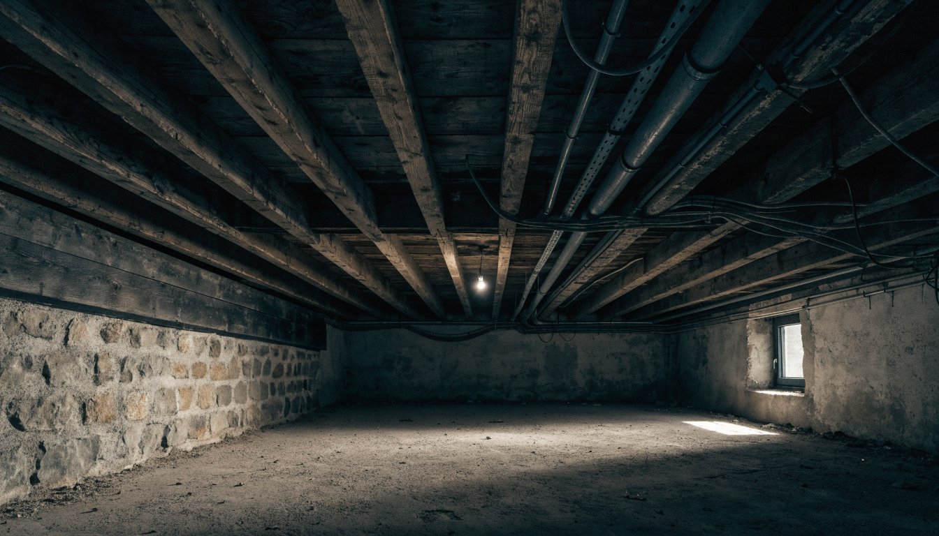 Old conduit and wiring running along basement joists in an older house, illustrating knob-and-tube and aluminum wiring in Ontario.