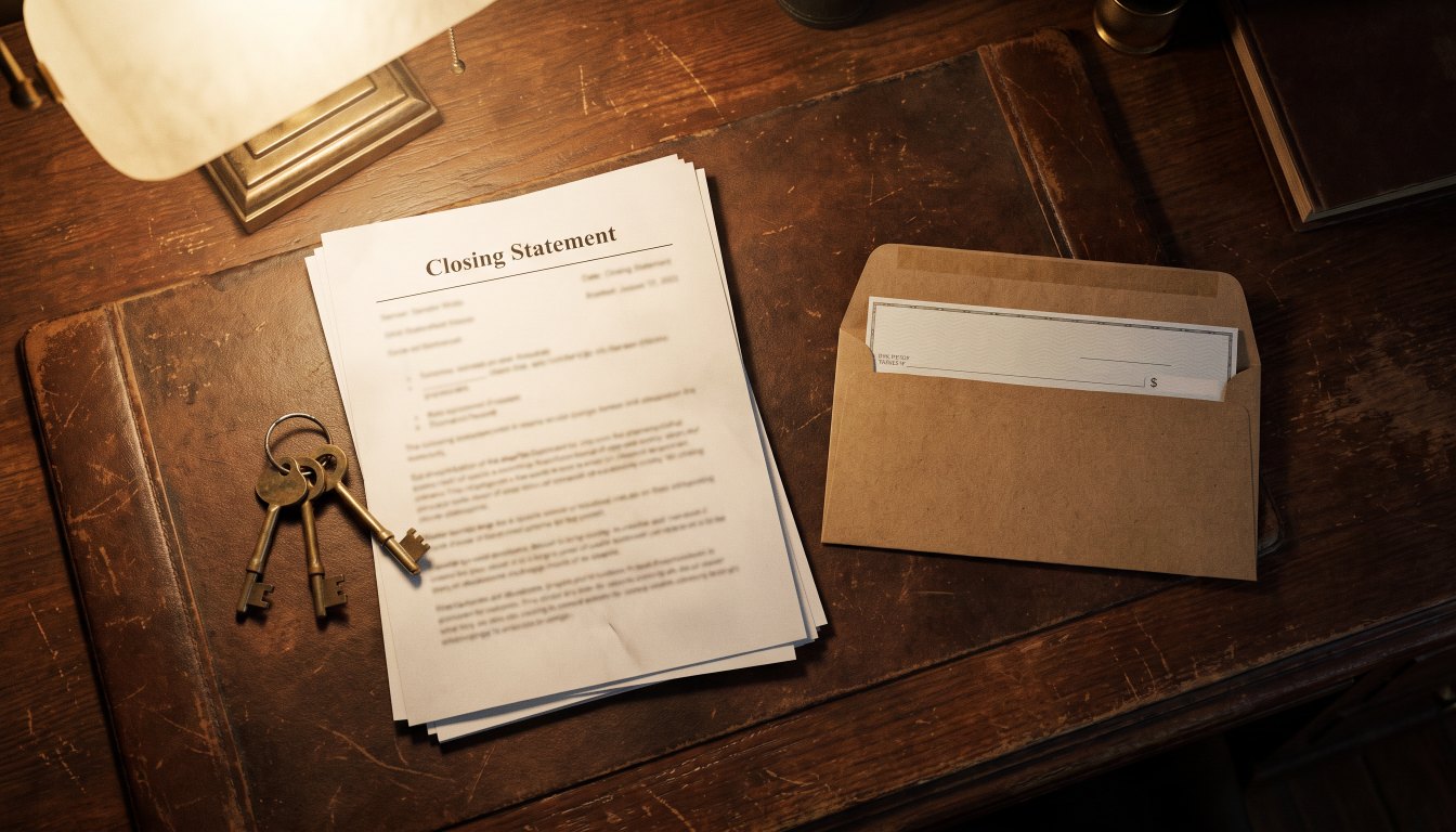 House keys, a closing statement and a bank draft envelope on a lawyer’s desk