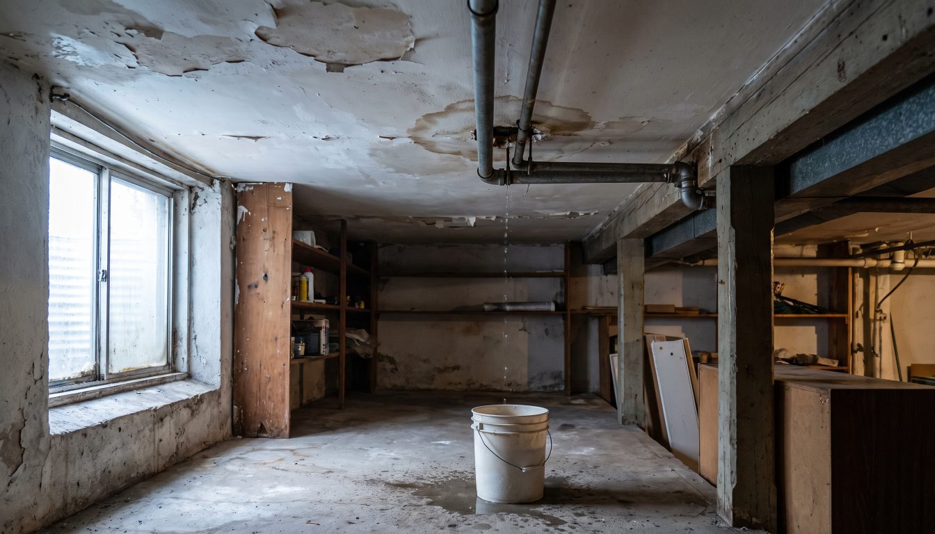 Water damage on a basement ceiling (illustrative)