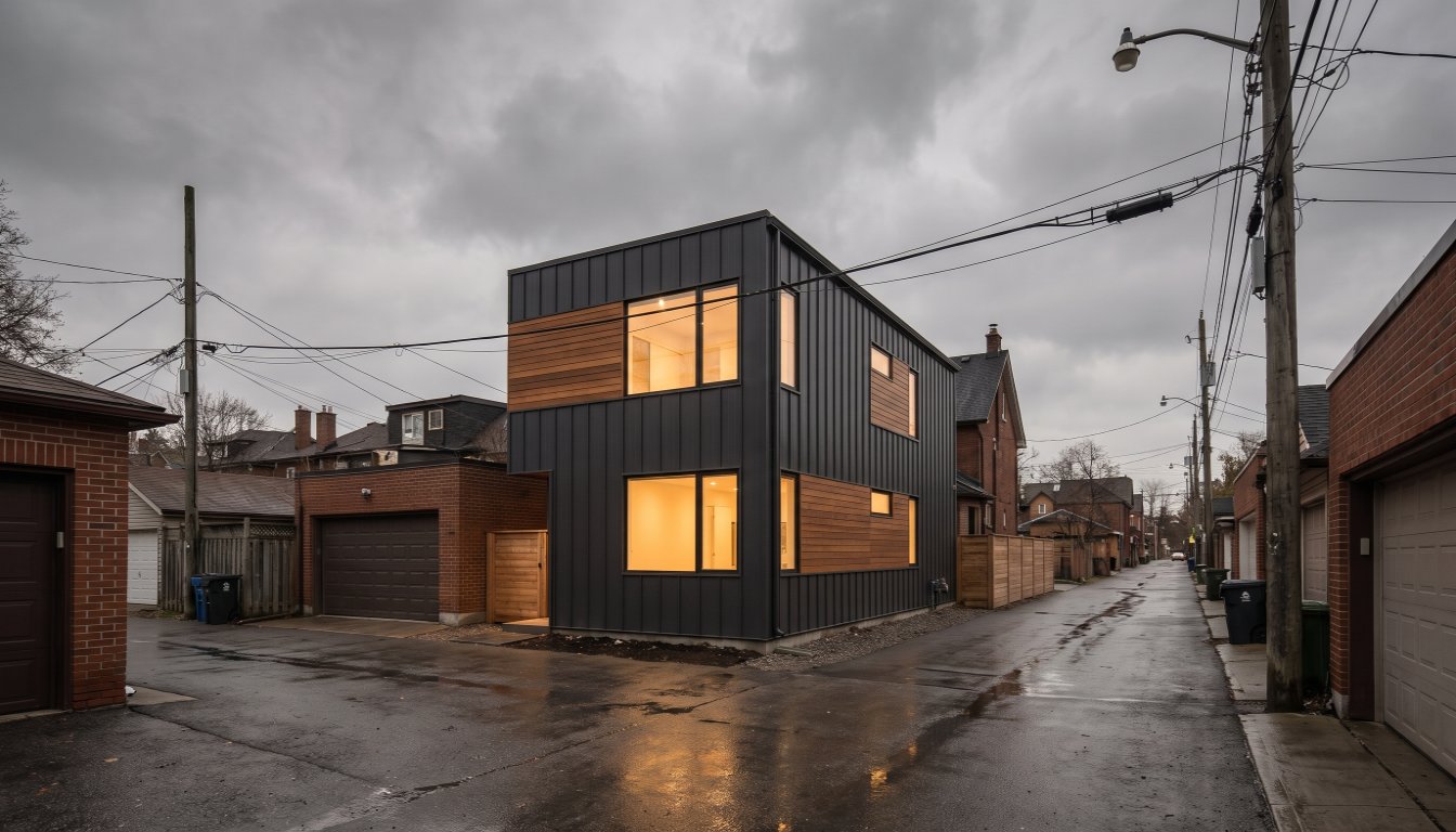 A newly built two-storey laneway suite behind a Toronto house, seen from the rear lane