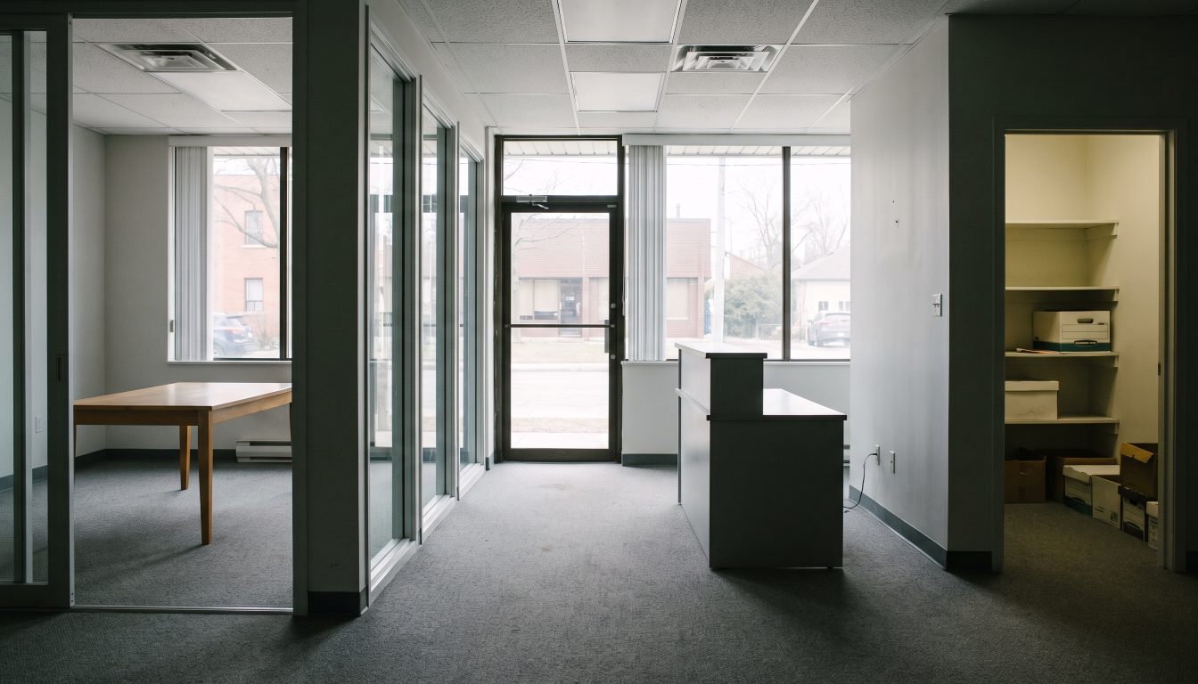 Small empty professional office suite with a glazed meeting room and lockable storage room
