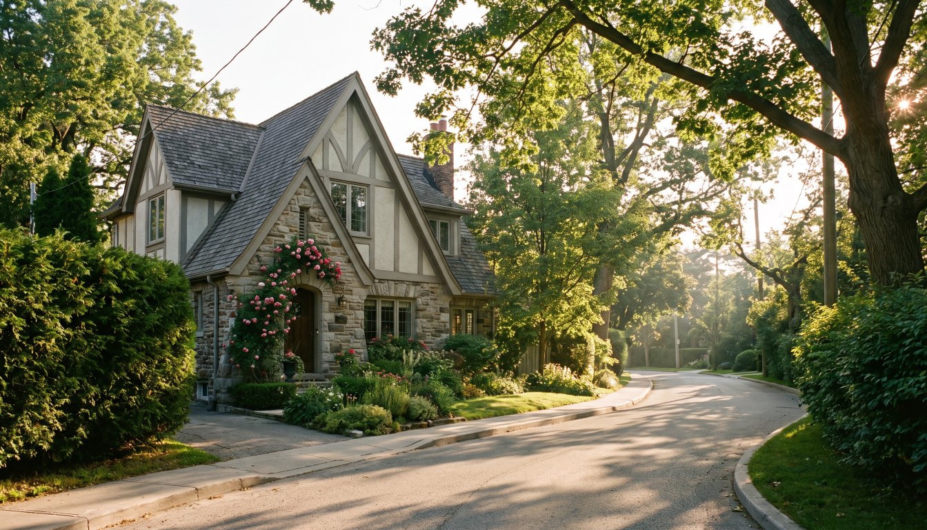 An English cottage style house on a curving Toronto garden suburb street with hedges