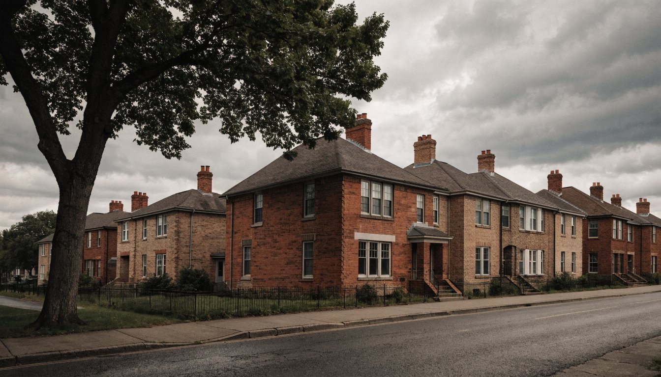 A row of older brick houses on a Toronto street, illustrating lead water service lines in pre-1950s homes.