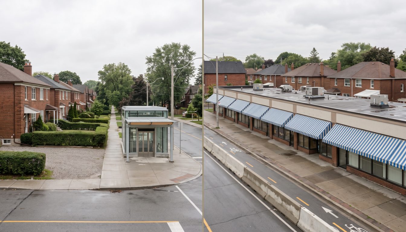 A quiet street of houses in Leaside compared with the shopfronts and Greek signage along Danforth Avenue in Toronto