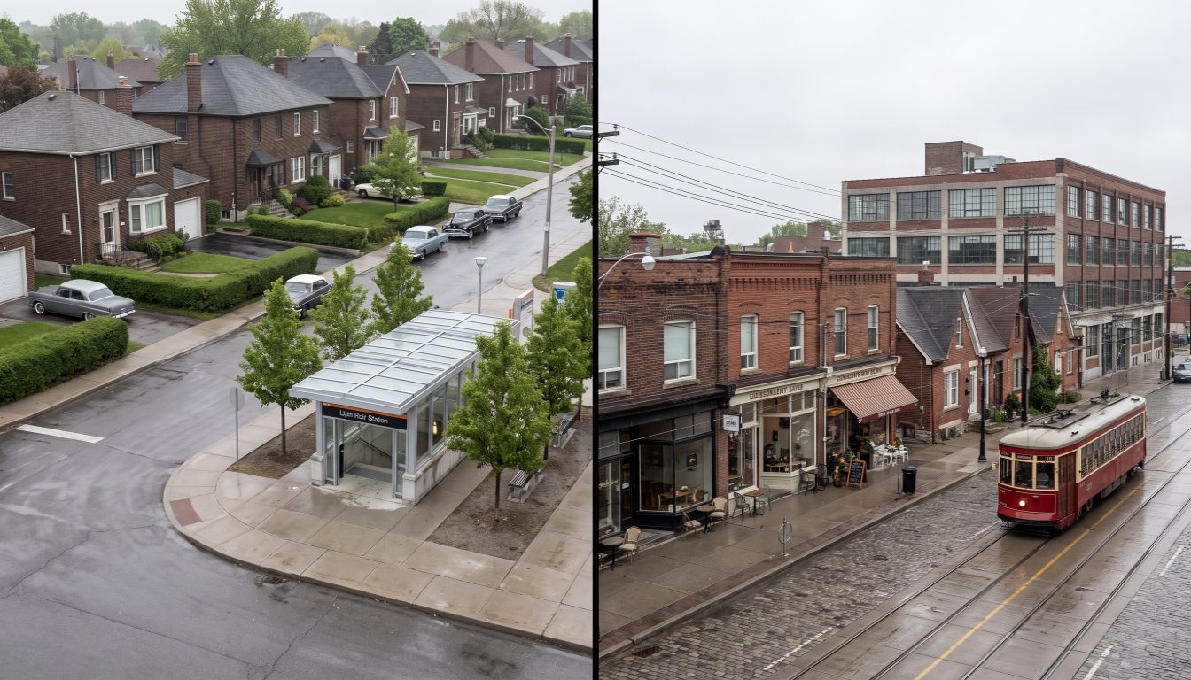 A detached house on a Leaside street next to a row of brick semi-detached houses on a Leslieville street in east Toronto
