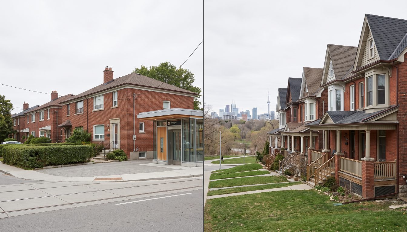 Detached houses on a Leaside street beside Victorian bay-and-gable semi-detached homes on a Riverdale street in Toronto