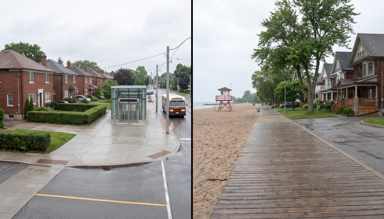 A tree-lined street of detached houses in Leaside beside the boardwalk and sand at Kew Beach in the Beaches, Toronto