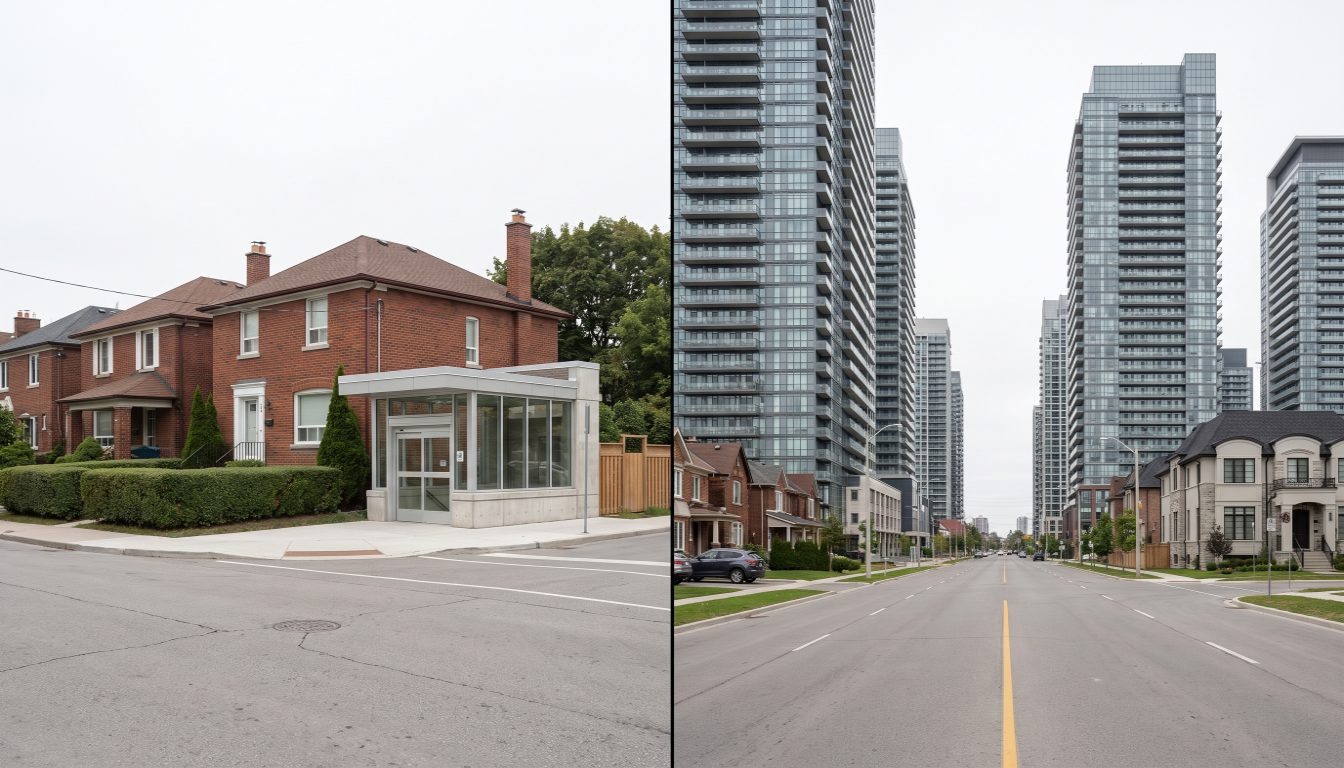 Detached brick houses on a tree-lined Leaside street beside the condo towers along Yonge Street in Willowdale, North York