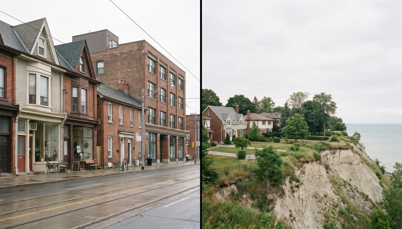 Victorian semis on a Leslieville side street beside a detached house on a wide lot above the Scarborough Bluffs