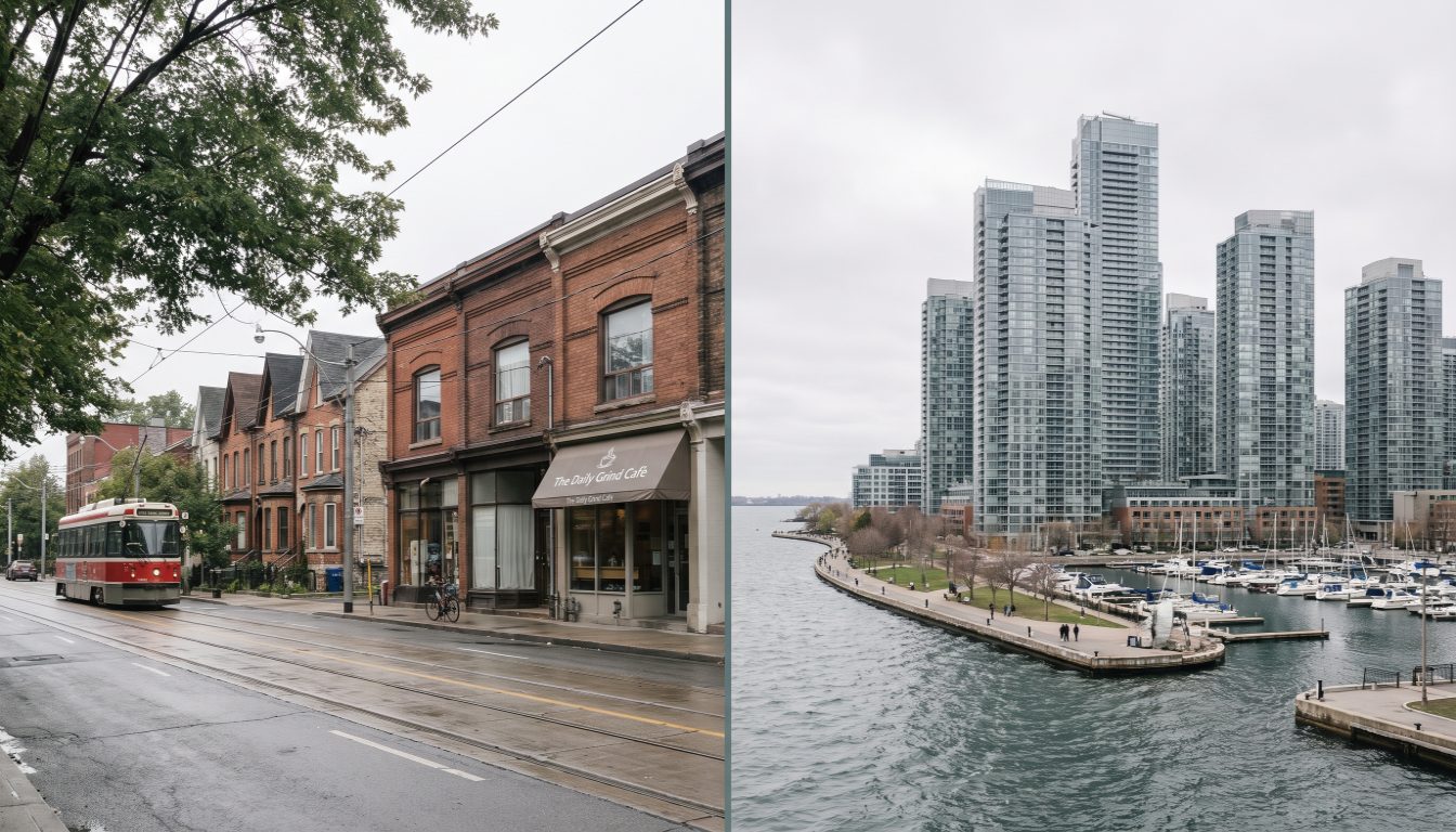Victorian brick semis in Leslieville beside the glass condominium towers of Humber Bay Shores on Toronto's waterfront