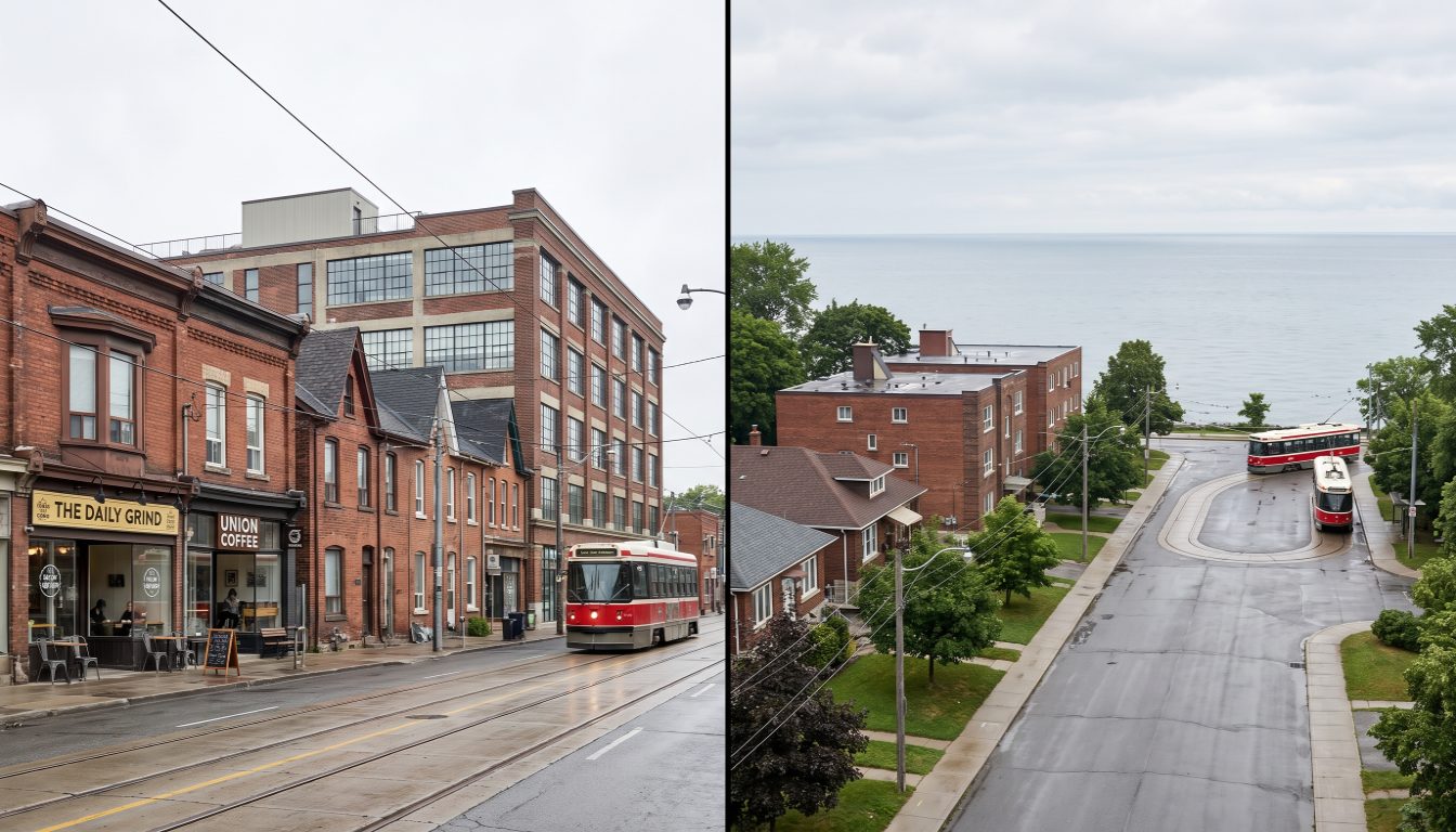 Brick workers cottages on a Leslieville side street and the low-rise Lake Shore Boulevard West retail strip in Long Branch