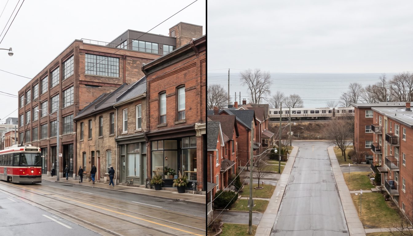 Queen Street East shopfronts and semis in Leslieville beside older brick houses on a Mimico street near Lake Ontario