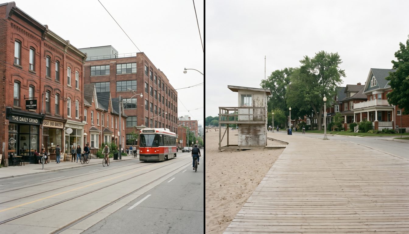 Queen Street East storefronts in Leslieville beside the sand and boardwalk of The Beaches in east Toronto