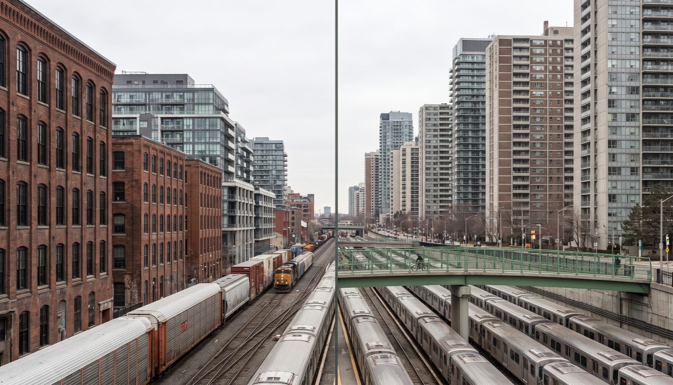 Liberty Village condo towers beside the Yonge Street high-rise corridor and interwar brick houses of Davisville Village