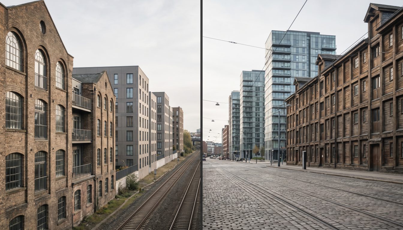 Converted brick factory lofts in Liberty Village on the left and glass condo towers along the King West corridor on the right