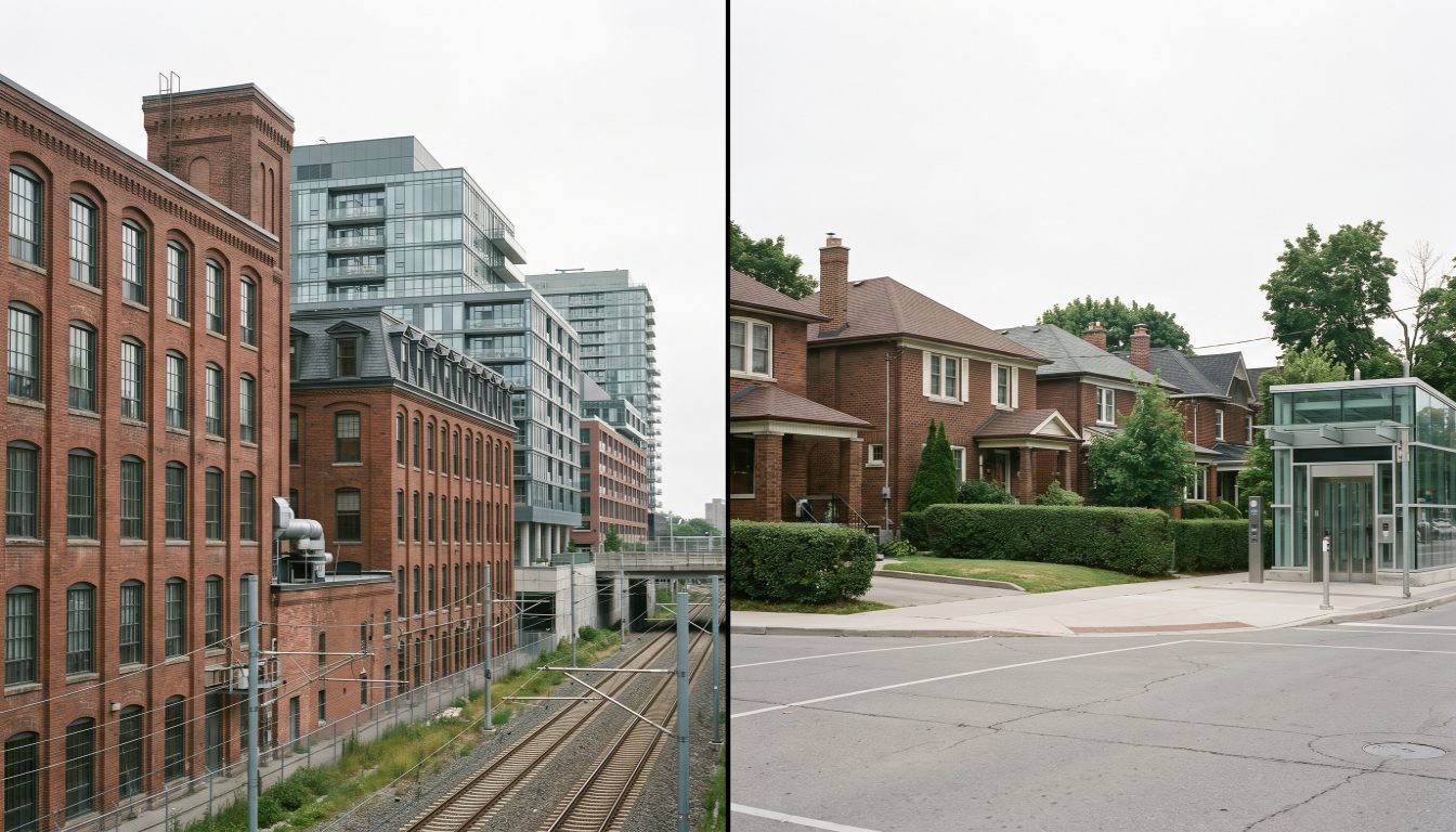 Liberty Village condo towers and old factories beside the postwar detached brick houses of Leaside