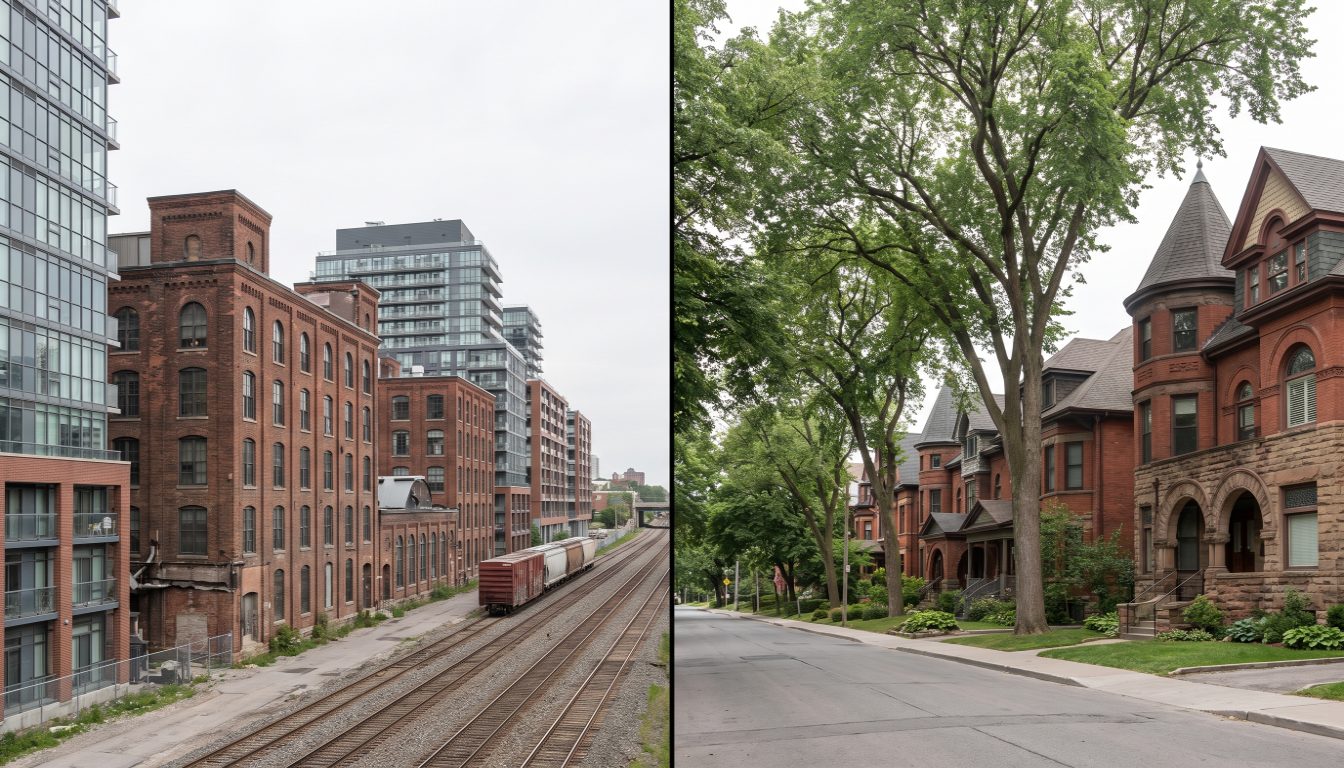 Post-2001 condo towers in Liberty Village beside late-Victorian Annex-style brick houses on a tree-lined street