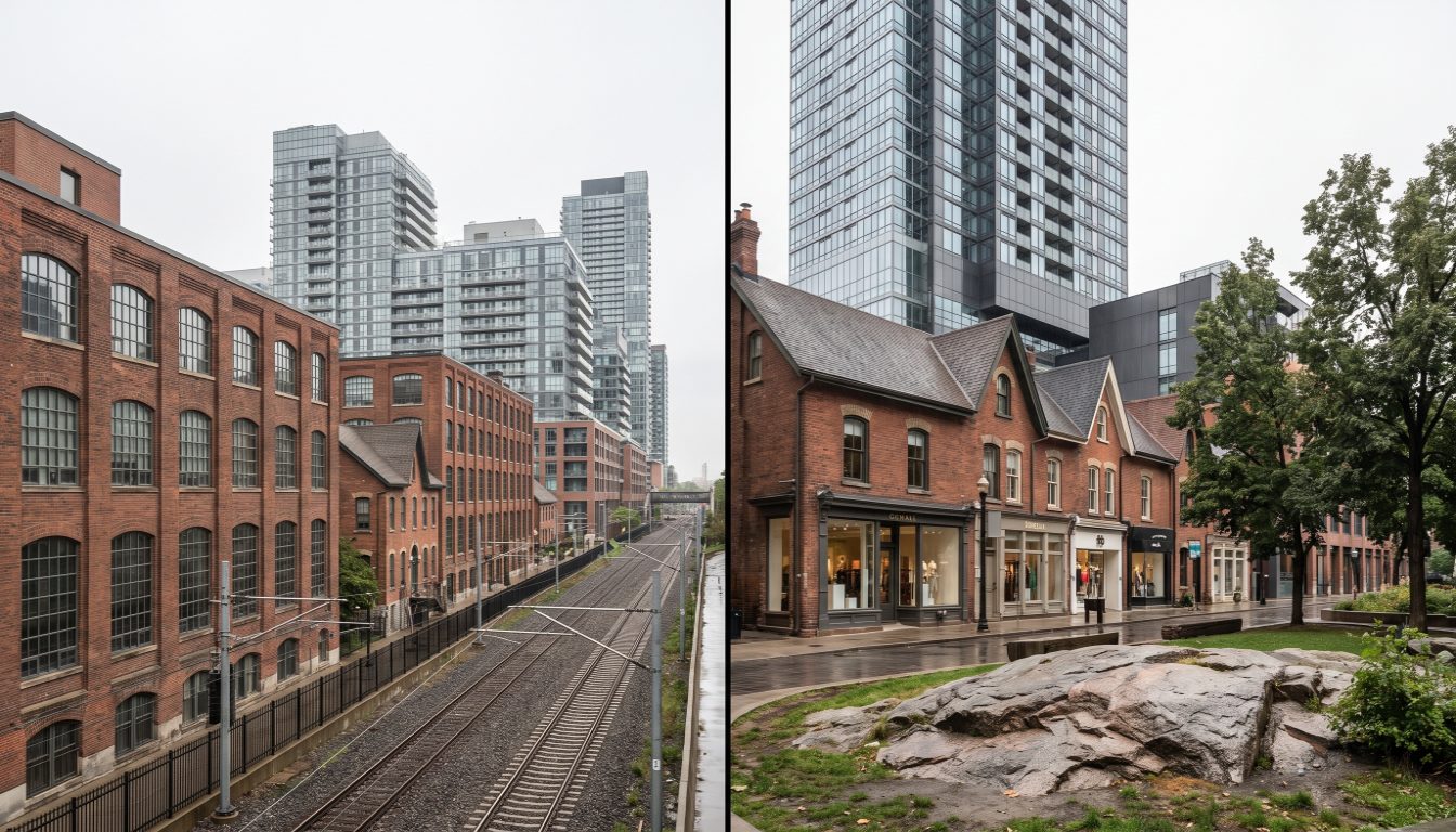 Brick loft conversions and mid-rise condos in Liberty Village beside luxury towers and boutique frontage in Yorkville