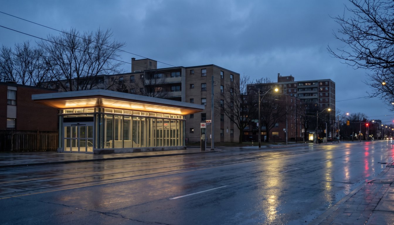 A light rail station entrance on a Toronto arterial avenue at dusk