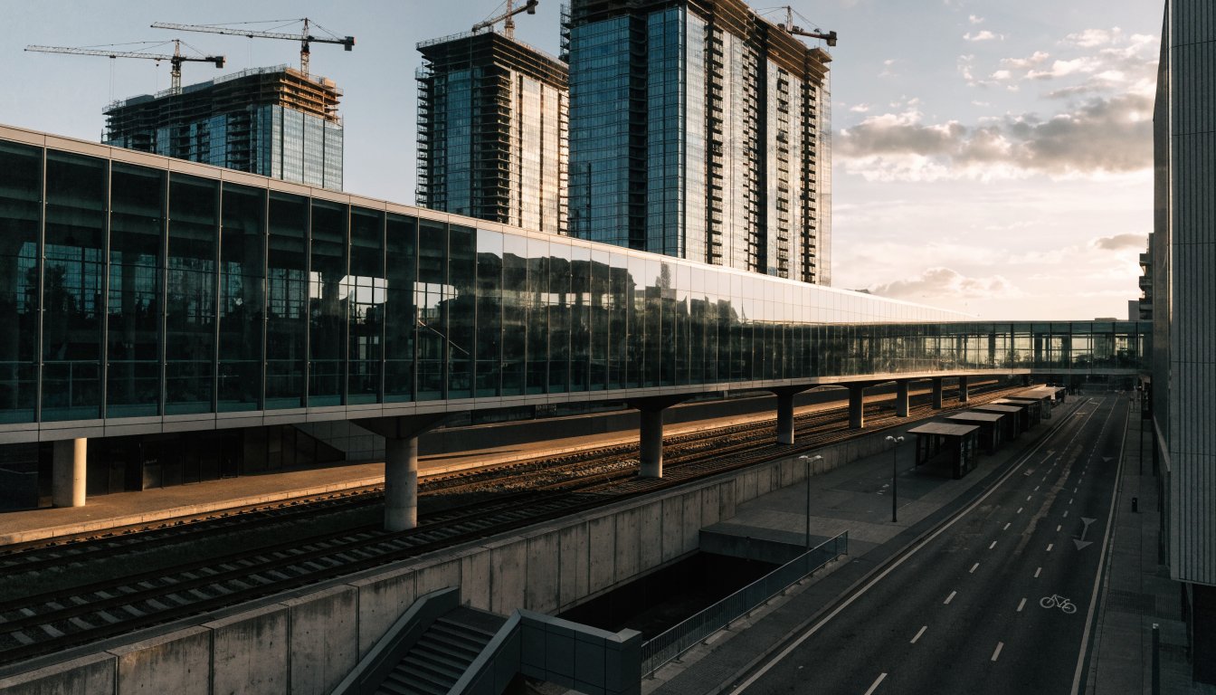 Glass transit terminal and pedestrian bridge over rail tracks with new towers and cranes behind