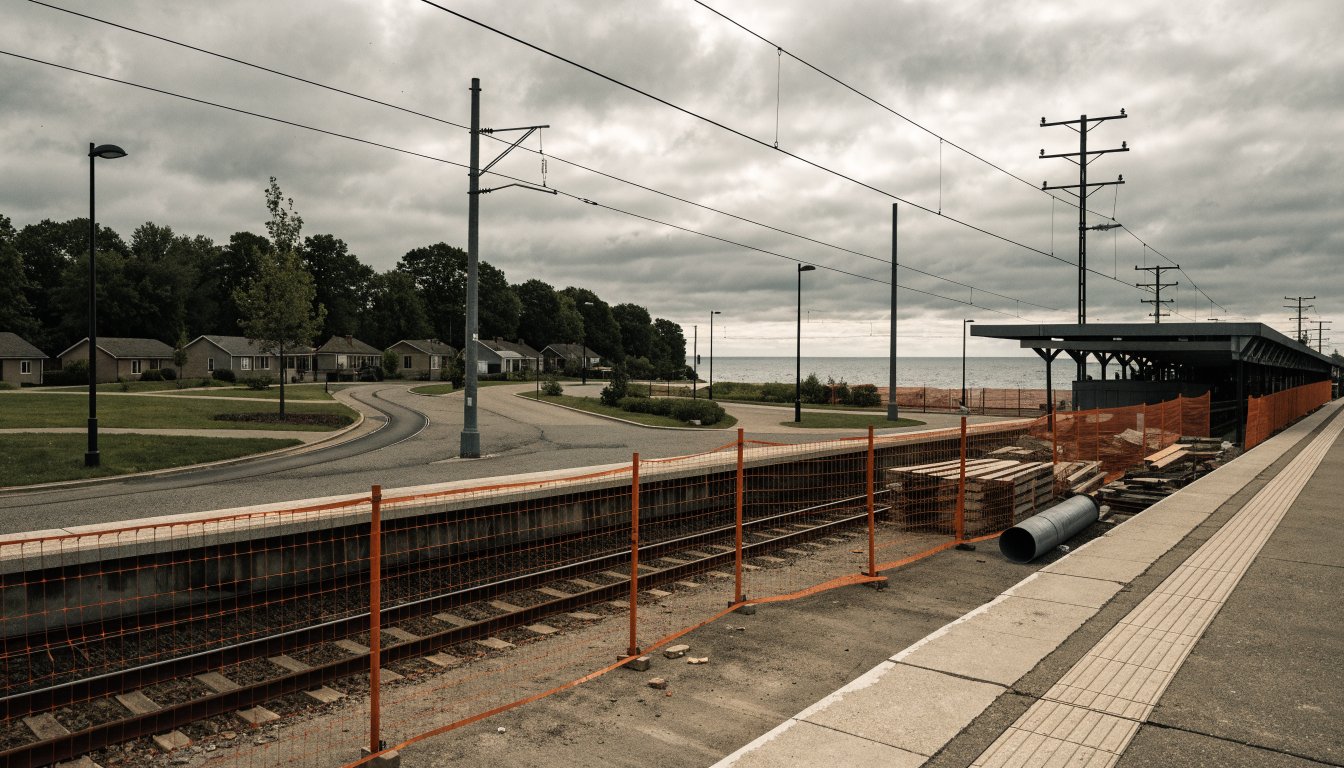 Lakeside rail station under renovation with orange construction fencing along the platform and low houses beyond