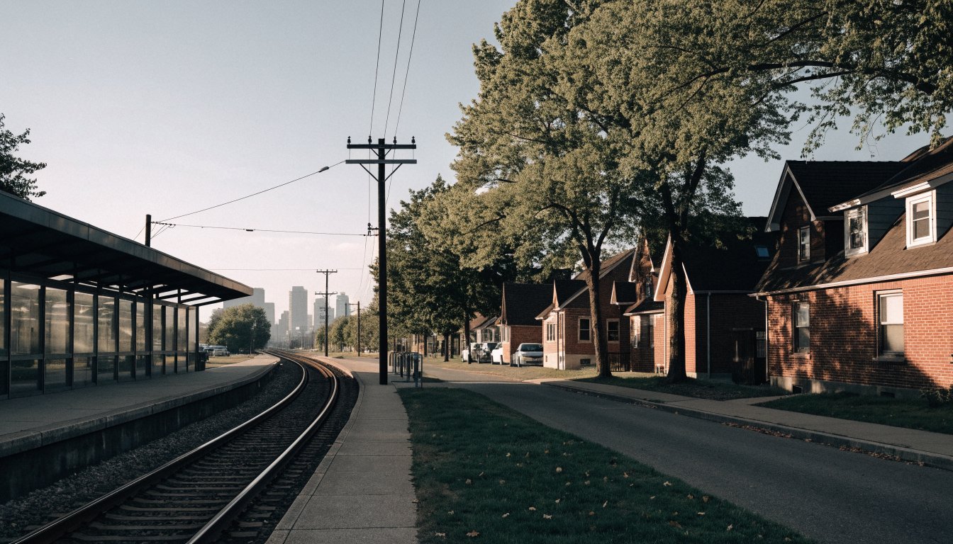 Small commuter rail platform beside a quiet street of brick houses, tracks curving toward a distant skyline