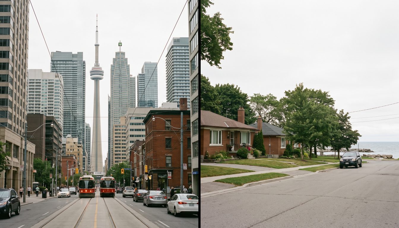 Split image of a downtown Toronto skyline and a quiet west-end residential street (illustrative)
