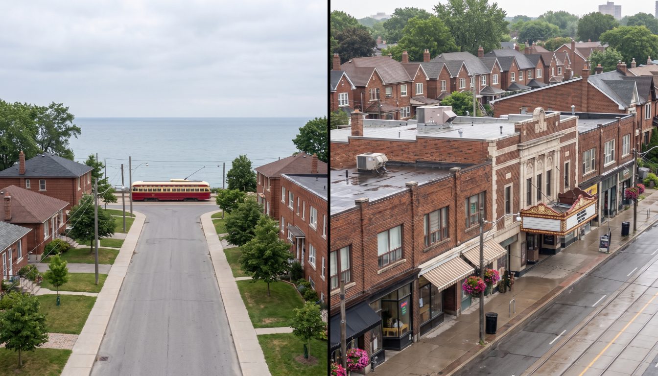 Brick semi-detached houses on a sloping Bloor West Village street compared with low-rise lakeside streets in Long Branch
