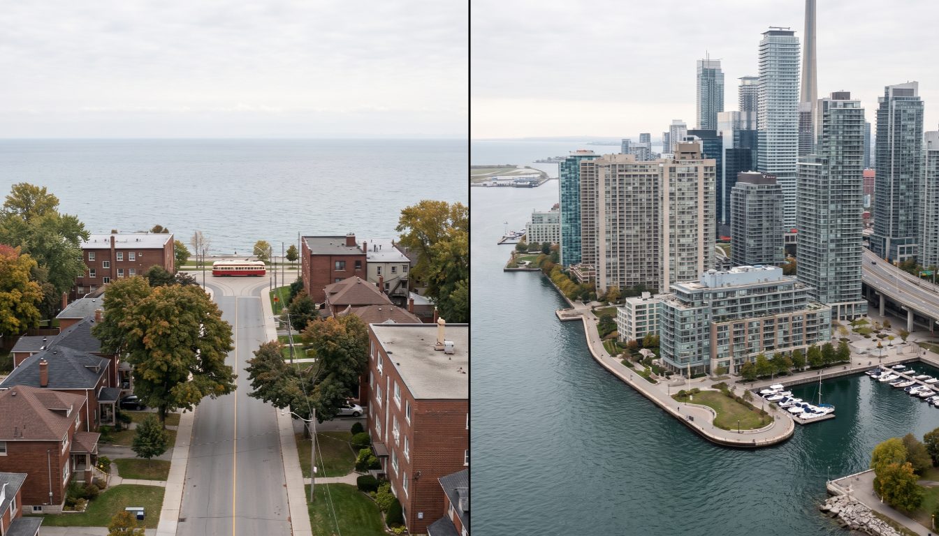 Detached houses on a quiet Long Branch street set against the wall of high-rise condominium towers at Humber Bay Shores