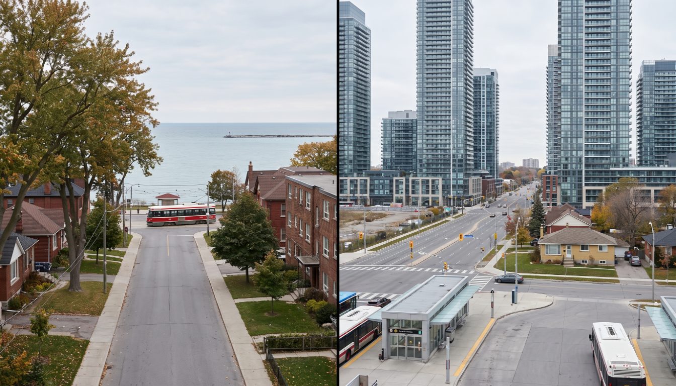 Condominium towers around Kipling subway station at Islington-City Centre West beside low-rise streets near Long Branch Loop