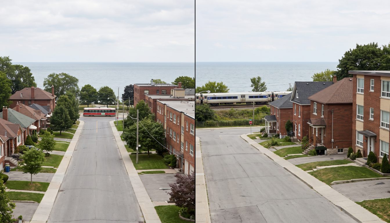 Low-rise Lake Shore Boulevard storefronts in Long Branch beside the waterfront condo towers reported under TRREB's Mimico