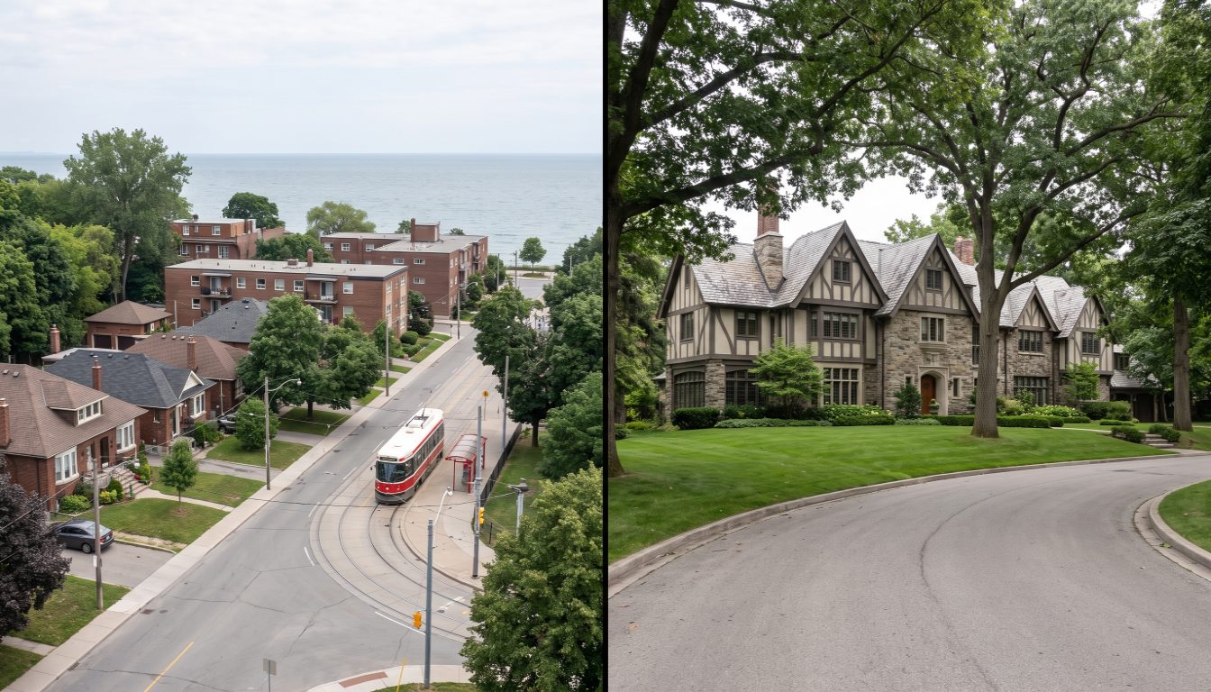 Sandstone Arts and Crafts houses under mature trees in The Kingsway beside modest post-war streets in Long Branch, Etobicoke
