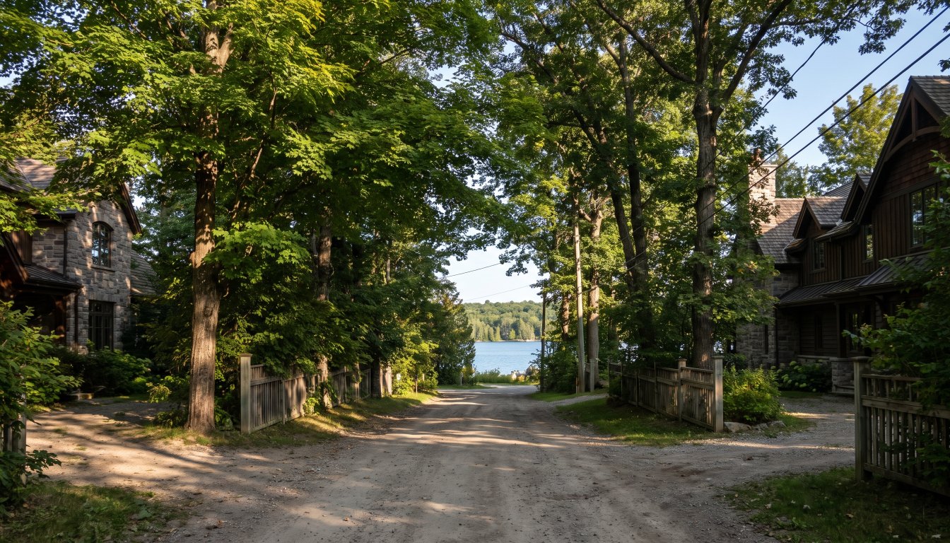 A narrow tree lined lane with large houses on wooded lots near the Lake Ontario shore