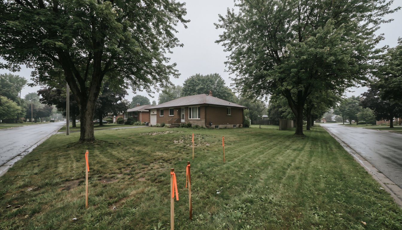 A wide Ontario residential lot with survey stakes marking a proposed severance