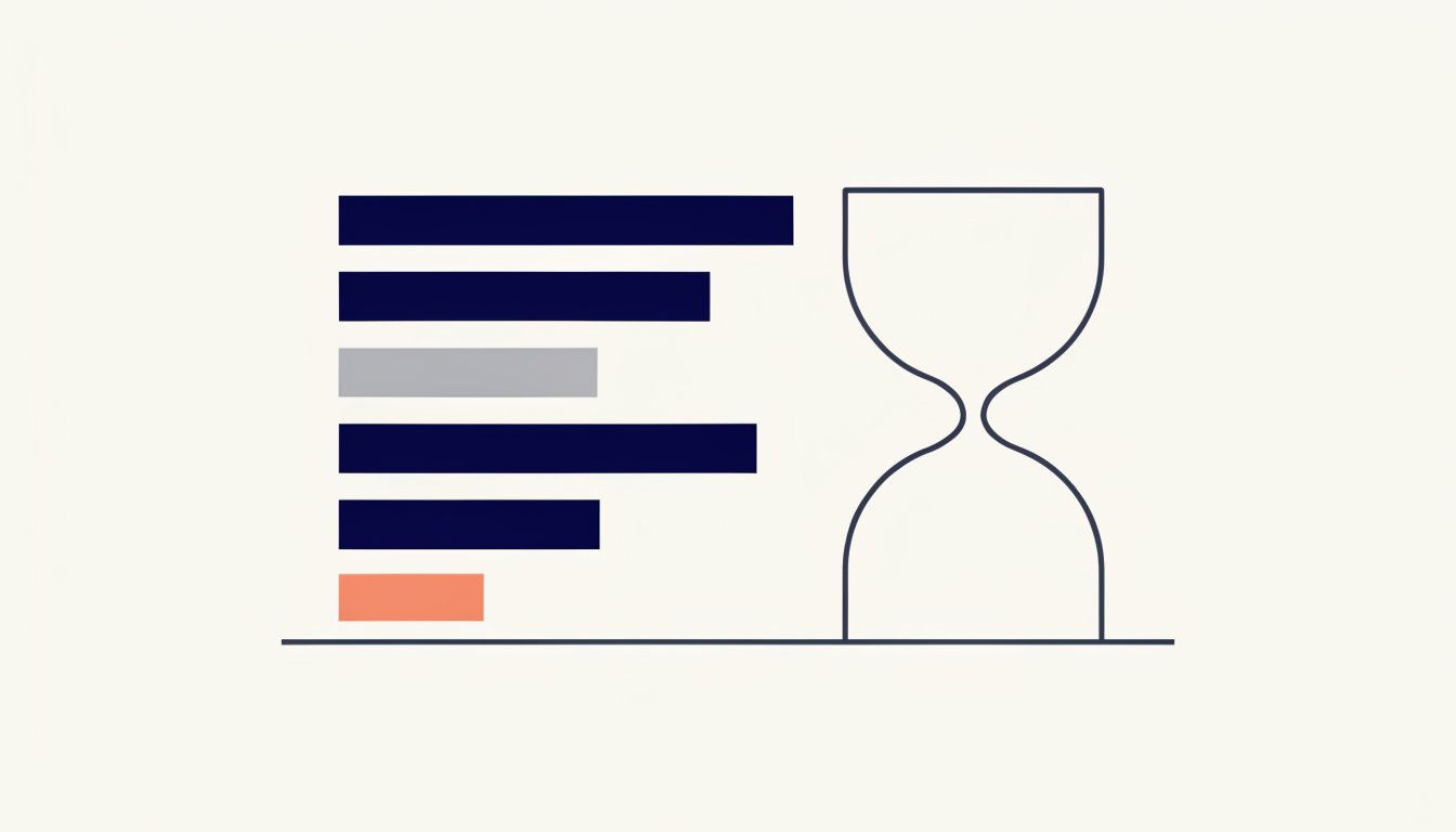 Flat vector illustration of five horizontal bars of very different lengths with the shortest accented, beside an hourglass outline