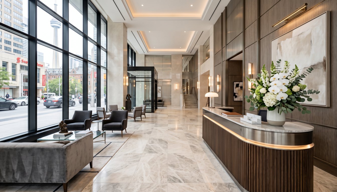 An empty double height luxury condominium lobby in Toronto with a concierge desk