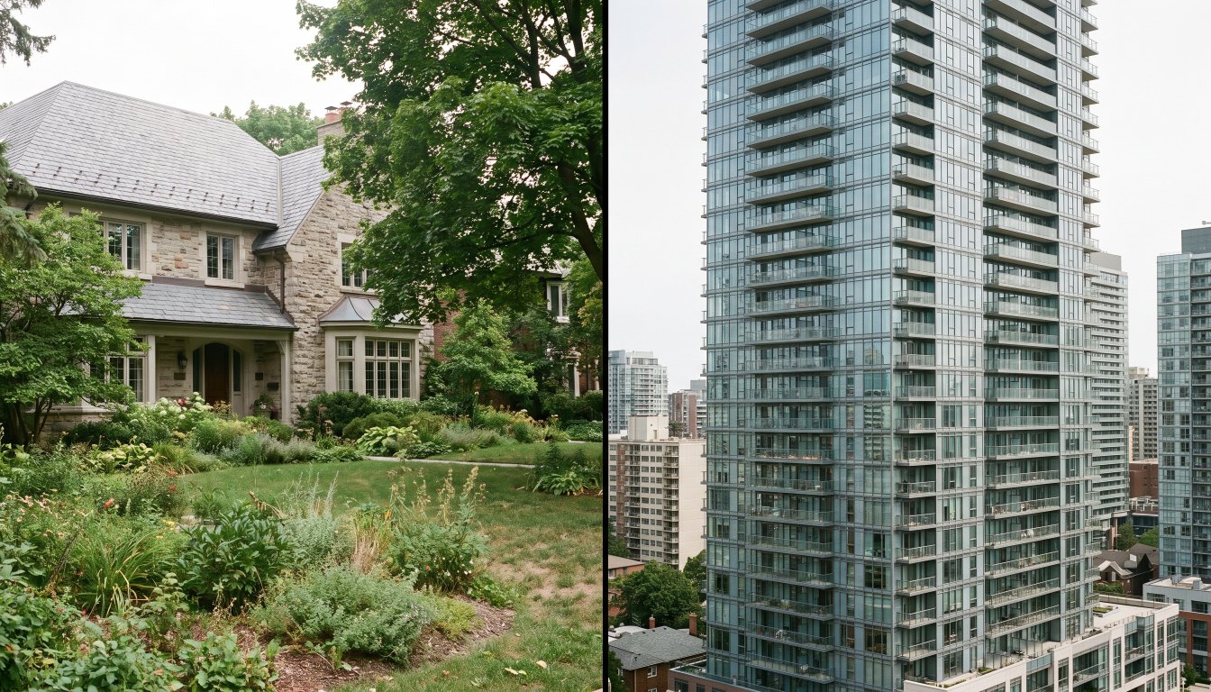 A large detached stone house and a glass condominium tower shown side by side